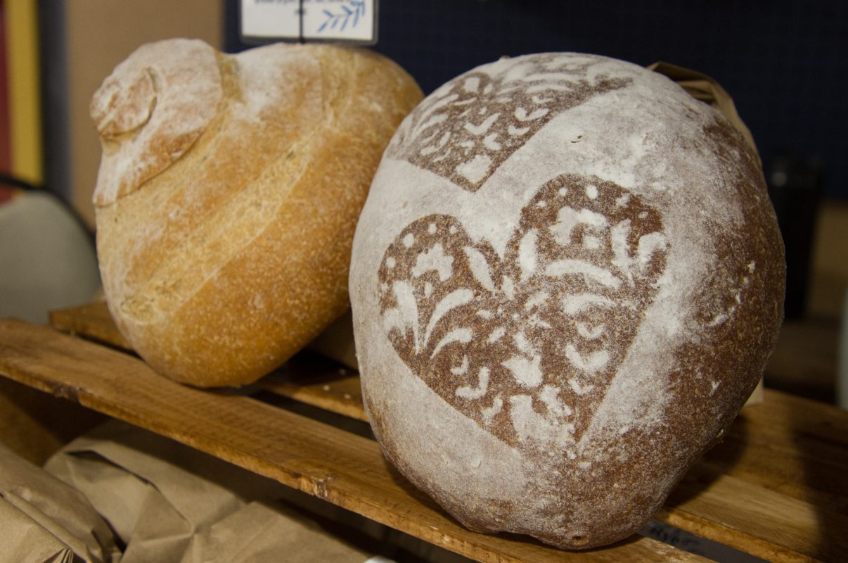 Pictured- Sour Dough Bread with a flour heart stencil.